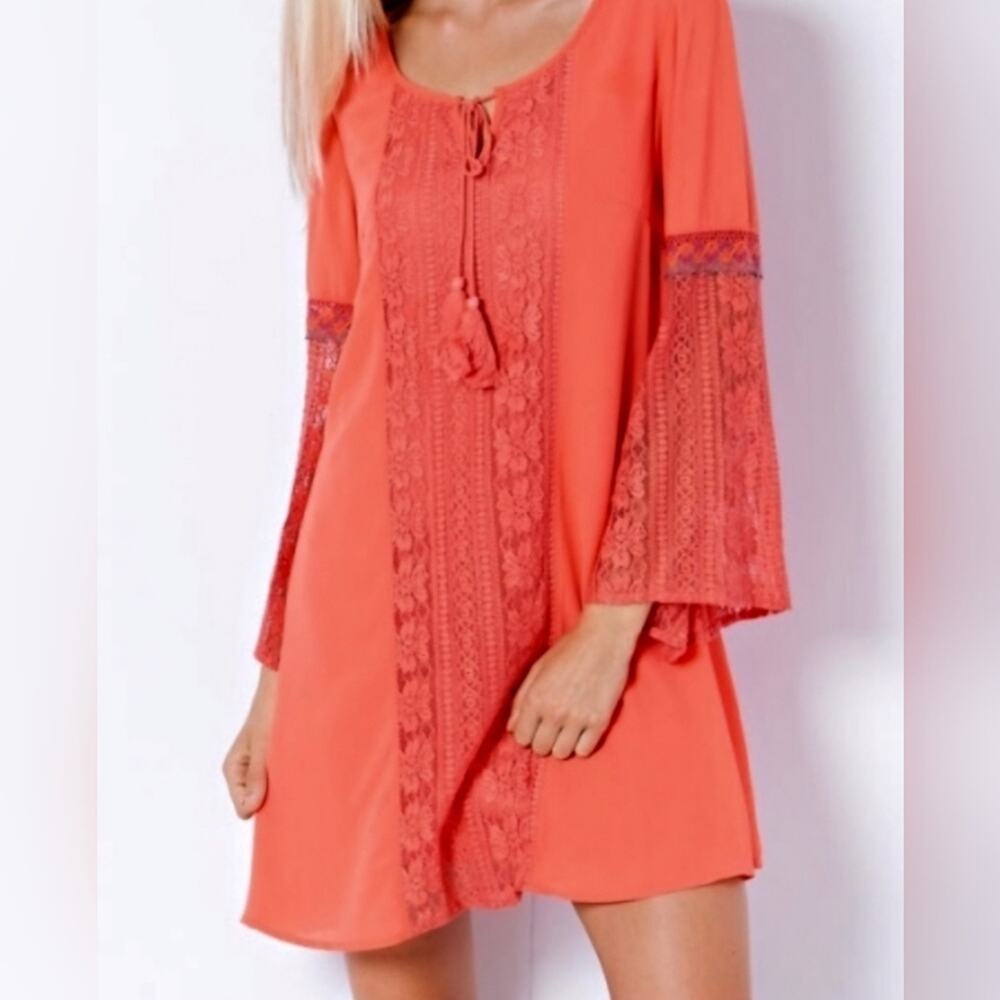 ENTRO Coral Orange Embroidered Tassel Bell Sleeve Shift Dress Boho Festival Sz S